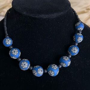 Polymer clay blue and black beaded necklace NWT